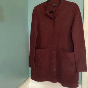 Cos brown long length cardigan -button up - front pockets - crew neck - Sz 2